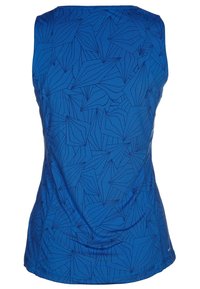 Blue sleeveless top featuring a leaf pattern, textured fabric, and a round neckline. Side seams and a relaxed fit are visible.