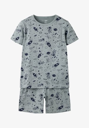 Lys grå kortermet skjorte og shorts med marineblå rom-tema trykk av astronauter, raketter, planeter og stjerner for barn.