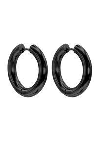 Schwarze Creolen mit einer glatten, glänzenden Oberfläche. Runde Form mit einer subtilen Naht, entworfen für durchstochene Ohren.