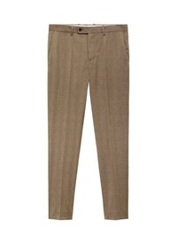 Pantaloni brown cu carouri, cu un design ajustat, fațadă netedă și talie standard. Dispun de buzunare laterale și un buzunar discret la spate.