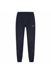 Marineblauwe lichte joggingsbroek met elastische tailleband en boorden; heeft een klein wit Nike-logo op de linkerbovenbeen.