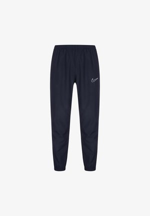Marineblaue leichte Jogginghosen mit elastischem Bund und Bündchen; ausgestattet mit einem kleinen weißen Nike-Logo am linken Oberschenkel.