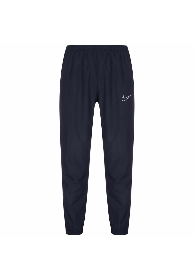 Marineblauwe lichte joggingsbroek met elastische tailleband en boorden; heeft een klein wit Nike-logo op de linkerbovenbeen.