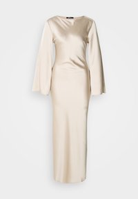 Kremo spalvos satino suknelė su ilgomis varpo formos rankovėmis, apvalia iškirpte ir prigludusia silueto linija, siekiančia grindis. Lygi tekstūra, elegantiškas dizainas.