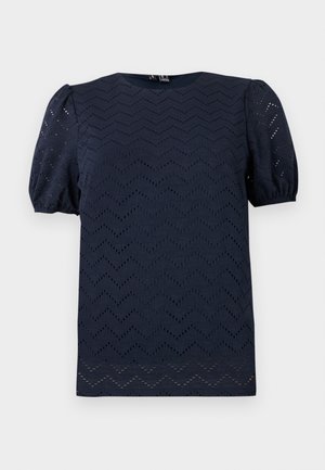 Bluza albastru închis cu mâneci scurte bufante și model zigzag perforat pe toată țesătura.