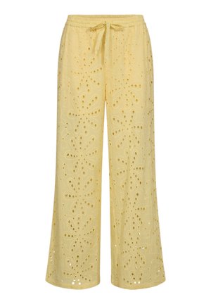 Pantaloni gialli a gamba larga con motivi floreali ritagliati ricamati e vita anteriore con coulisse.