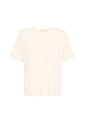 Tricou din bumbac de culoare albă murdară, cu mâneci scurte și guler rotund, având o croială relaxată și detalii subtile de cusătură pe umeri.