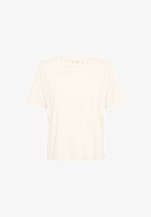 Tricou din bumbac de culoare albă murdară, cu mâneci scurte și guler rotund, având o croială relaxată și detalii subtile de cusătură pe umeri.