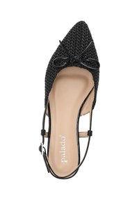 Chaussures plates à bout pointu tissées noires avec une fine bride noire à la cheville, un accent de nœud et une semelle intérieure beige. Super légères avec une surface texturée.