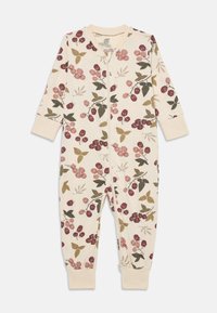 Baby-Einteiler mit floralem Muster in Creme, verziert mit rosa und burgunderfarbenen Blumen sowie grünen Blättern. Mit durchgehendem Reißverschluss auf der Vorderseite und gerippten Ärmeln. Aus weichem Stoff.