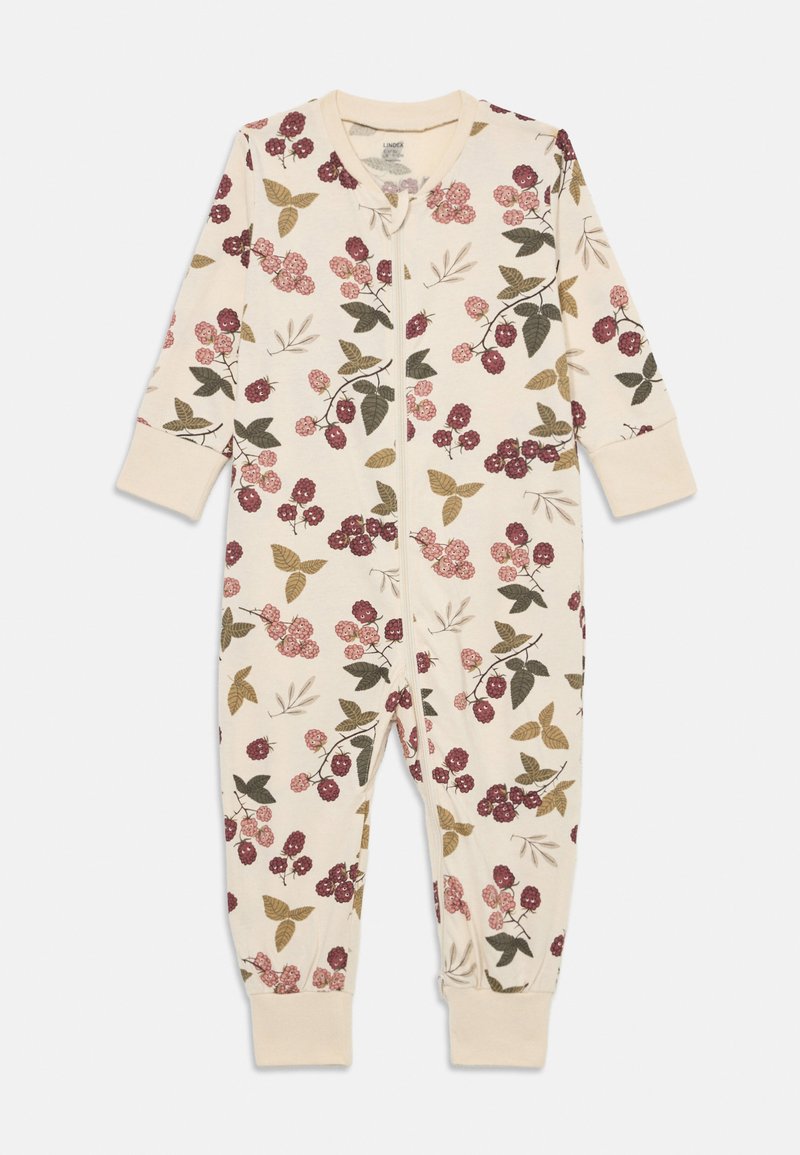 Baby-Einteiler mit floralem Muster in Creme, verziert mit rosa und burgunderfarbenen Blumen sowie grünen Blättern. Mit durchgehendem Reißverschluss auf der Vorderseite und gerippten Ärmeln. Aus weichem Stoff.