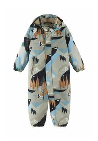 Bunter gepolsterter Schneeanzug mit einem von der Natur inspirierten Druck in Beige, Blau und Orange. Enthält eine Kapuze und eine vordere Reißverschlusstasche.