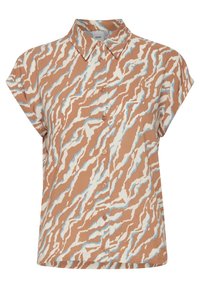 Kurzärmeliges Button-Up-Shirt in einem abstrakten Muster aus Braun, Creme und Hellblau; aus leichtem Stoff gefertigt, mit klassischem Kragen und fünf Knöpfen.