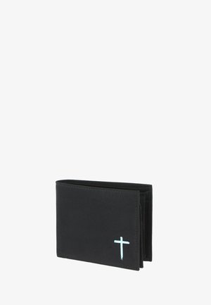 Black bi-fold wallet with a small light blue cross symbol on the lower right corner, standing upright on a white background.
