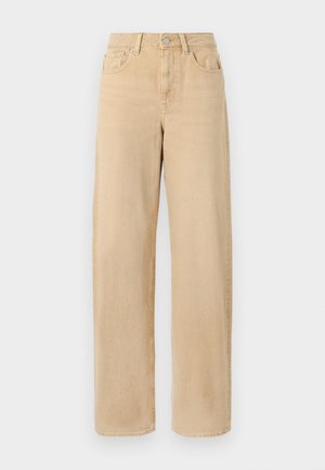 Beige High-Waist-Jeans mit geradem Bein, vorderen Taschen, Gürtelschlaufen und Knopfverschluss.