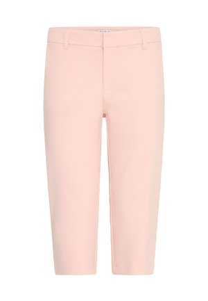 Hellrosa, cropped Hosen aus glattem Stoff, mit einem Bündchen und dezenten Nähdetails. Keine sichtbaren Taschen oder Muster.