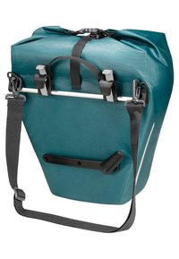 Teal vanntett bag med en fleksibel topplukking, grå stropp og svart hardware. Har et avtagbart monteringssystem og reflekterende detaljer.