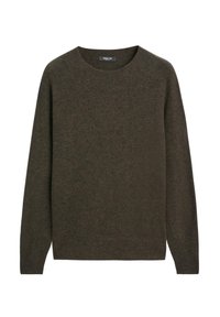 Mørkegrøn strikket sweater med rund halsudskæring og lange ærmer, lavet af blødt uldblandingsmateriale med en glat tekstur.