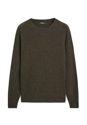 Dark green knit sweater featuring a round neckline and long sleeves, crafted from soft wool blend fabric with a smooth texture.