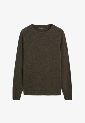 Dark green knit sweater featuring a round neckline and long sleeves, crafted from soft wool blend fabric with a smooth texture.
