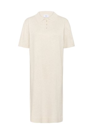 Smėlio spalvos polo suknelė, pagaminta iš švelnios medžiagos, turi apykaklę, trumpas rankoves ir trijų mygtukų užsegimą. Tiesus siluetas, iki kelių ilgio.