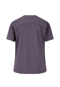 T-paita lyhyillä hihoilla, pyöreällä kaula-aukkolla tumman violetin värisenä, valmistettu kevyestä materiaalista, jossa on sileä pinta ja vahvistetut olkasaumat.