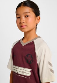 Vinröd och beige kortärmad tröja med logotyp i svart och stor text "BEES". V-ringning med bruna detaljer på ärmarna. Mjuk tygstruktur.