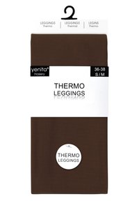 Leggings termici marroni in un materiale liscio ed elastico. L'imballaggio include un'etichetta bianca con dettagli di marca e taglia. Taglia 36-38 (S/M).