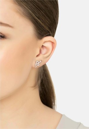 Snake-shaped earrings in silver-tone metal, adorned with clear gemstones, featuring intricate detailing and a smooth, polished finish.