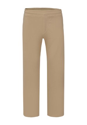 Beige elastische Bund gerade geschnittene Hose aus weichem, einfarbigem Stoff mit dezenten Nahtdetails vorne.