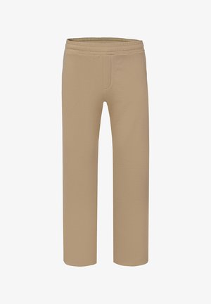 Beige elastische Bund gerade geschnittene Hose aus weichem, einfarbigem Stoff mit dezenten Nahtdetails vorne.