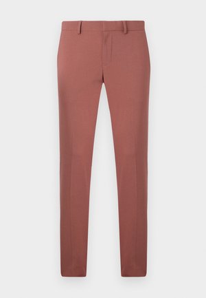 Maßgeschneiderte Hose in Ziegelrot, aus glattem Stoff gefertigt, mit geradem Schnitt, Gürtelschlaufen und einem Frontreißverschluss mit Knopfschluss.