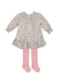 Vestido con estampado floral, escote fruncido, mangas largas y dobladillo con volantes, combinado con leotardos rosa claro. Tejido ligero y texturizado.