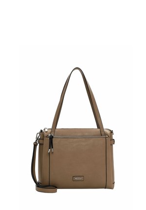 Brown leather handbag with black accents, double handles, and a removable shoulder strap. Features a zip closure and side zippered pockets.