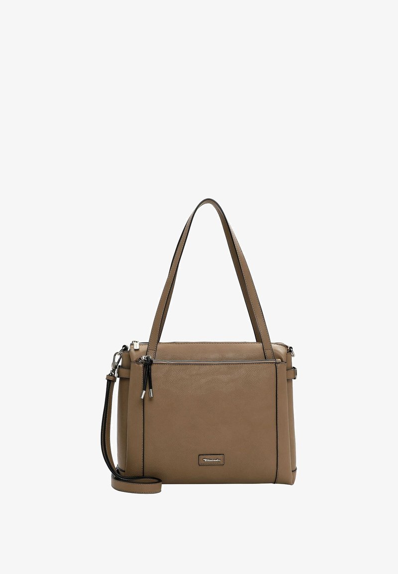 Rudas odinis rankinės su juodais akcentais, dvigubos rankenos ir nuimamas peties diržas. Yra užtrauktukas uždarymas ir šoninės užtrauktuku kišenės.