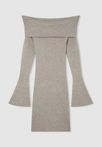 Abito elasticizzato, off-the-shoulder, a maniche lunghe in maglia a righe grigia chiara. Presenta maniche svasate e una silhouette aderente.