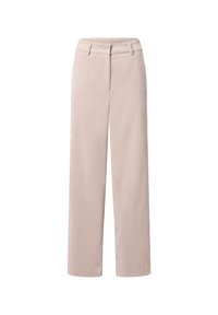 Beige corduroy wijde pijpenbroek met verticale ribbels, voorzien van een vlakke voorkant, riemlussen en zijzakken, gemaakt van textuurstof.