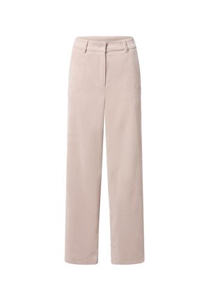 Beige corduroy wijde pijpenbroek met verticale ribbels, voorzien van een vlakke voorkant, riemlussen en zijzakken, gemaakt van textuurstof.