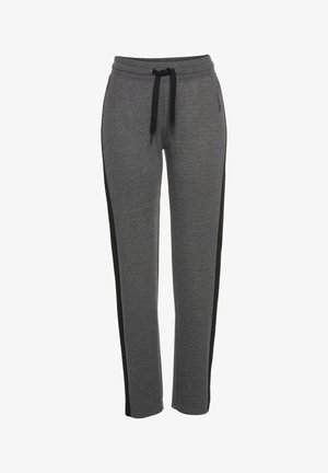 Grey sweatpants with a black side stripe, made of soft fabric. Features an elastic waistband with a drawstring for adjustable fit.