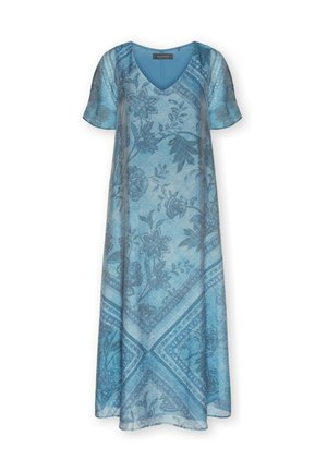 Vestido maxi azul de manga corta con escote en V, con patrones florales y geométricos en diferentes tonos de azul.