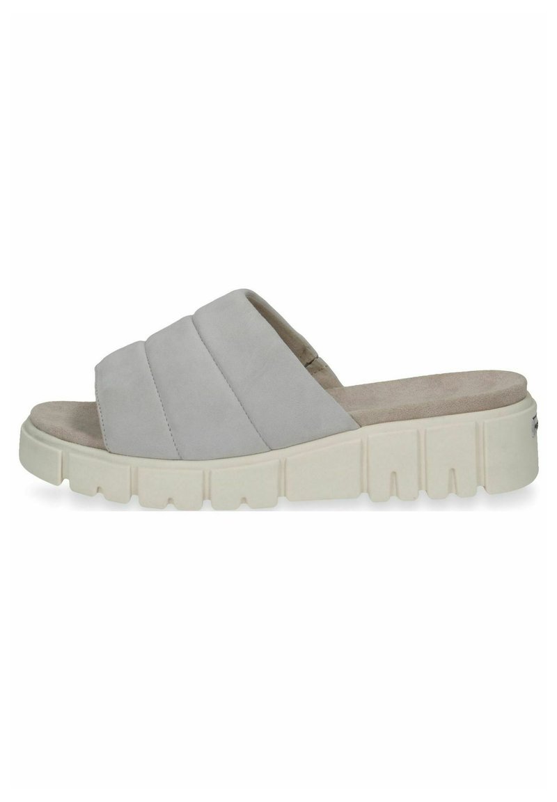 Infradito grigio realizzato in morbido suede con un design a fascia testurizzato, caratterizzato da una spessa suola piatta bianca con scanalature per una migliore trazione.