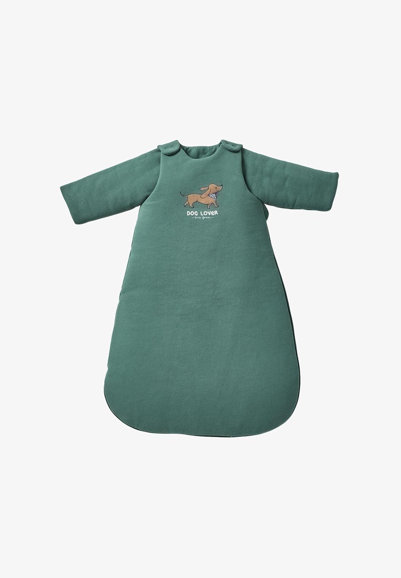 Green, soft fabric sleeping bag with long sleeves, rounded shape. Features an embroidered dog and "DOG LOVER" text on the front.