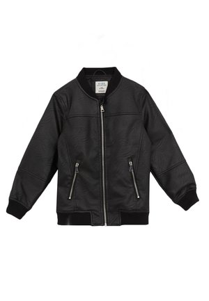 Veste bomber noire pour enfants avec fermeture éclair à l'avant, poches latérales zippées et poignets et ourlet côtelés, fabriquée en simili cuir.