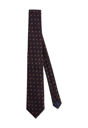 Cravate navy en tissu texturé avec un motif géométrique répété en or. Extrémité effilée avec une pointe.