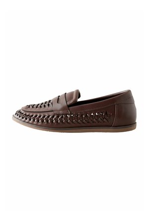 Brown leather loafer with woven pattern along sides and top, featuring a flat sole and slip-on design.
