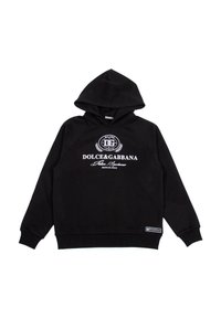 Felpa nera con cappuccio realizzata in morbido tessuto, caratterizzata da un logo e testo bianchi sulla parte anteriore. Include polsini e orlo a coste per un look aderente.