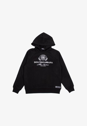 Felpa nera con cappuccio realizzata in morbido tessuto, caratterizzata da un logo e testo bianchi sulla parte anteriore. Include polsini e orlo a coste per un look aderente.