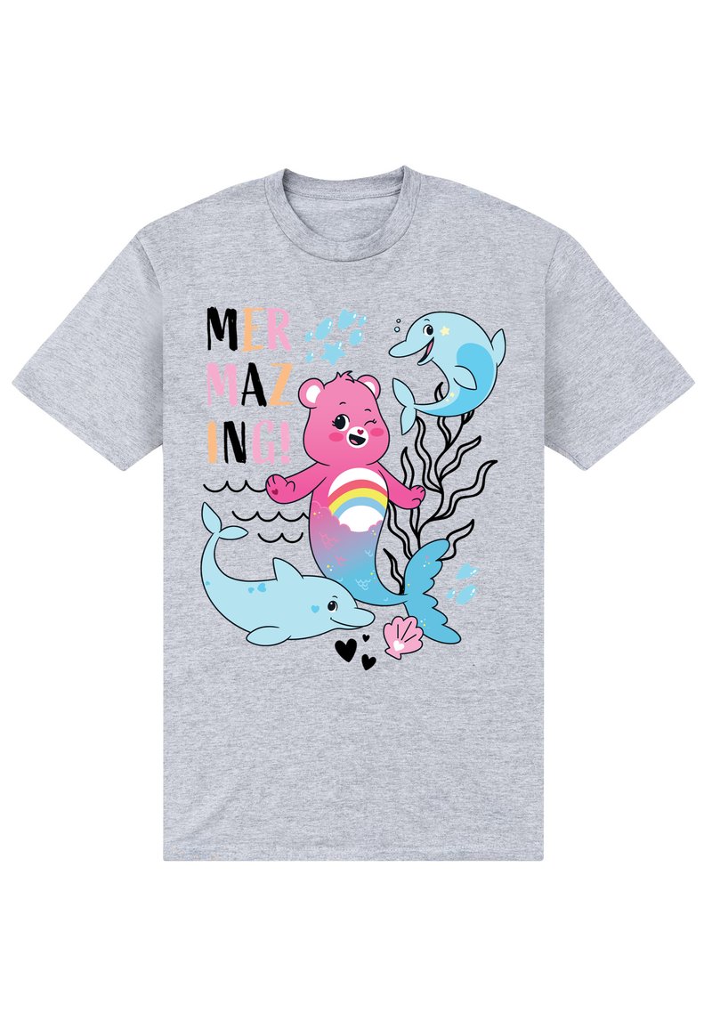 Graues Baumwoll-T-Shirt mit einem bunten Grafiken eines pinken Bären mit einem Regenbogen, zwei blauen Delfinen und dem Text "MERMAZING!" in fetten Buchstaben.