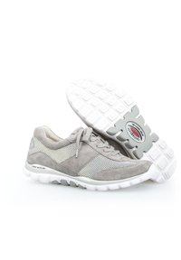 Grey athletic shoes featuring a mix of suede and mesh materials, a rounded shape, white rubber soles with a textured grip.