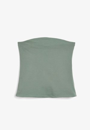 Zielony, prążkowany top na ramiączkach, bezszwowy, o miękkiej fakturze materiału, dopasowany kształt, z szerokim dekoltem i prostym wykończeniem.